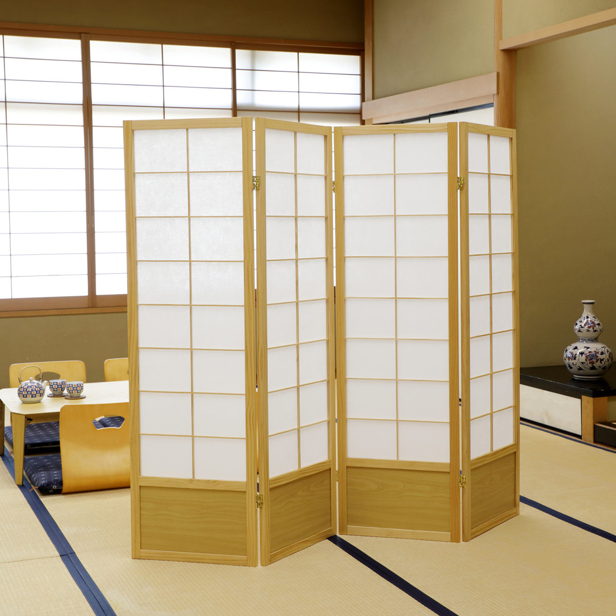 弘益 和風衝立 4連 折りたたみ 高さ150cm 天然木 完成品 不織布