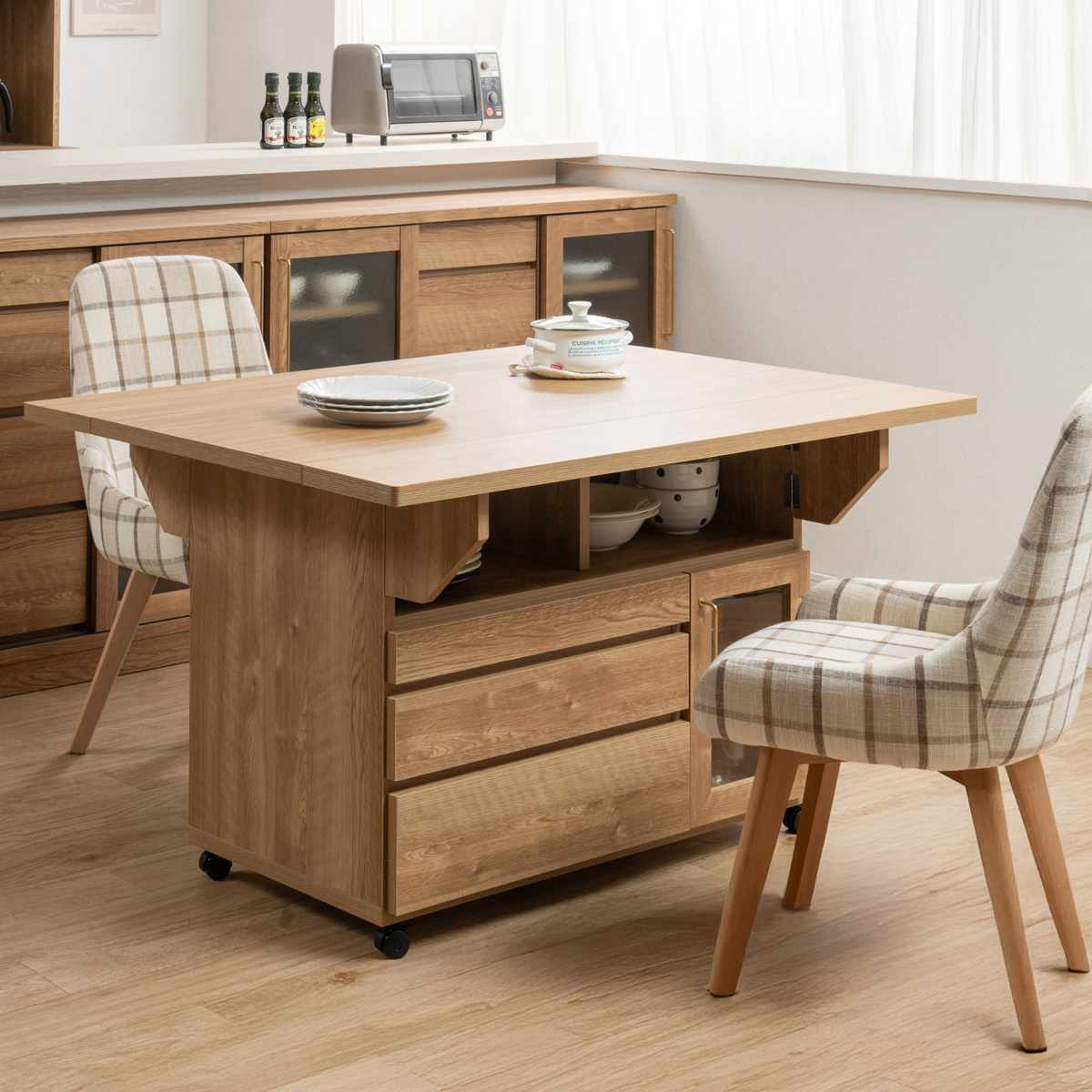 キッチンワゴン 幅119.5cm 天板 折りたたみ 両バタ 日本製 完成品