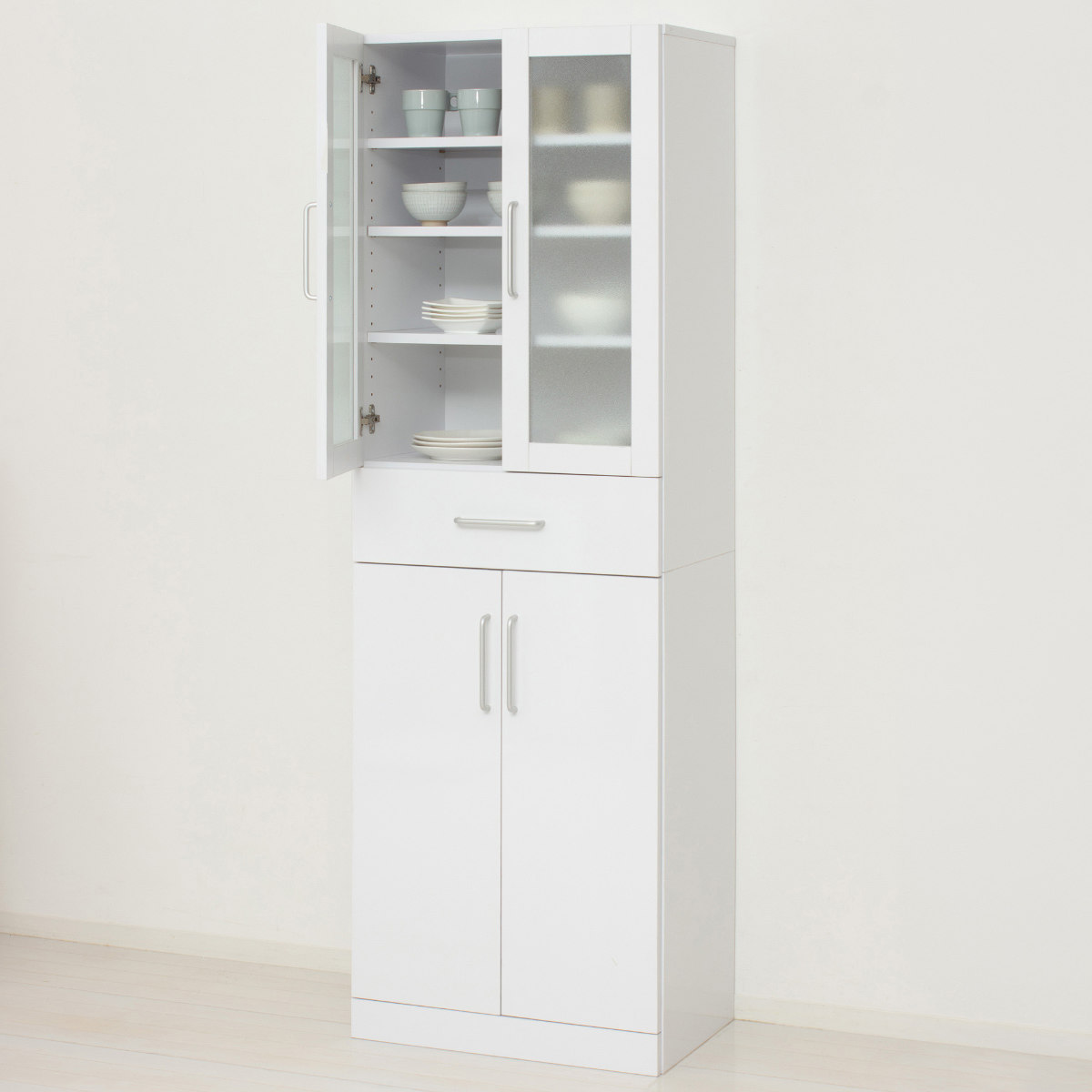 送料無料 鏡面メラミン仕様 食器棚 幅60 カップボード 収納 新品（761） クロシオ 食器棚 幅60cm 高さ180cm メラミン すりガラス 背面化粧