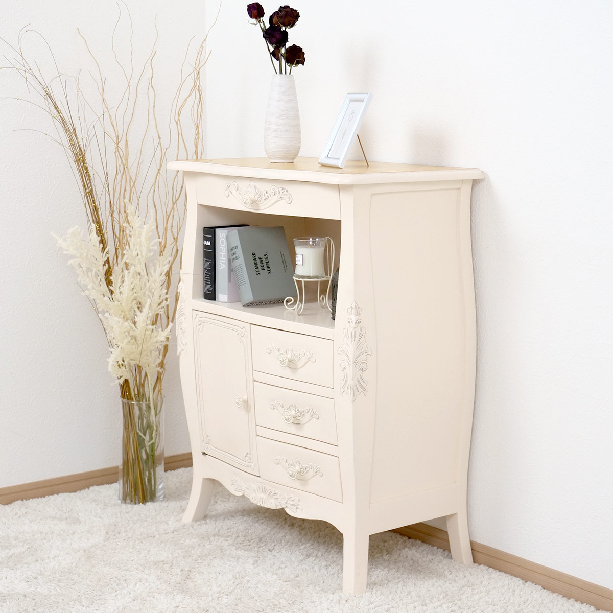 FAX台 コモ （ ファックス台 電話台 手彫り ロココ調 猫脚 収納 家具