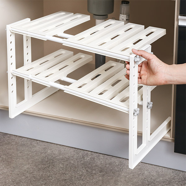 シンク下 収納 伸縮式 2段 設置簡単 排水管をよけて設置できる