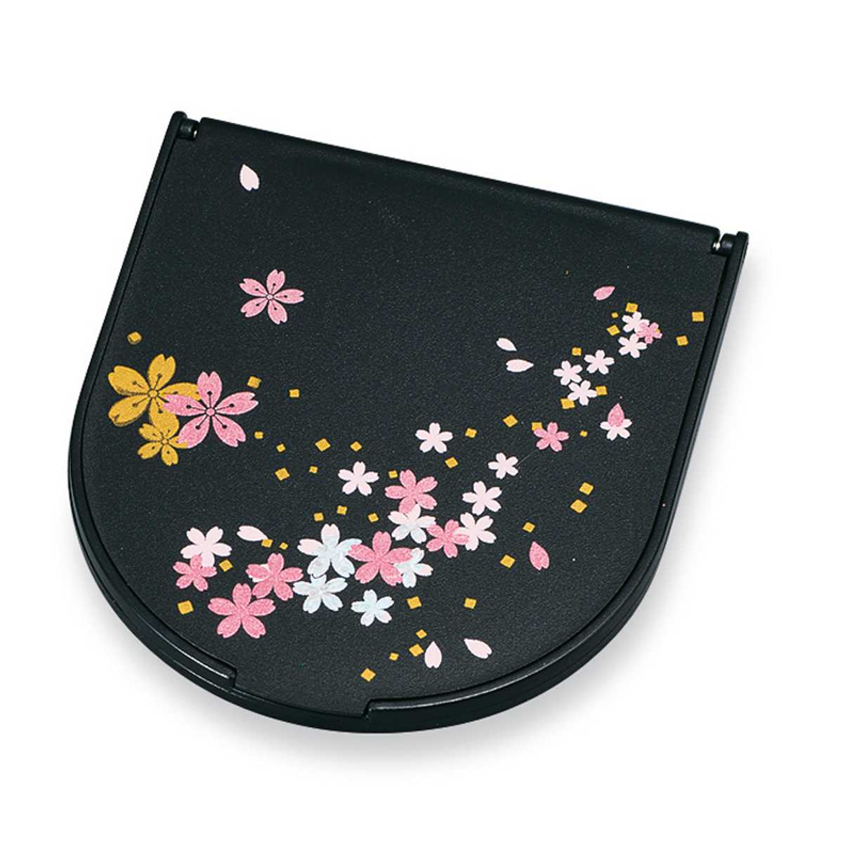 コンパクトミラー 半月コンパクトミラー 黒 桜さくら 山中塗 和風 （ ミラー 手鏡 コンパクト おしゃれ 折りたたみ ）