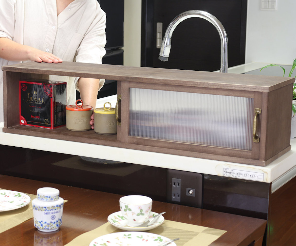 カウンター上収納 アンティーク風 カウンター上収納庫 幅90cm キッチン （ カウンターラック カップボード スパイスラック 卓上ラック ショーケース 引き戸 ）_10