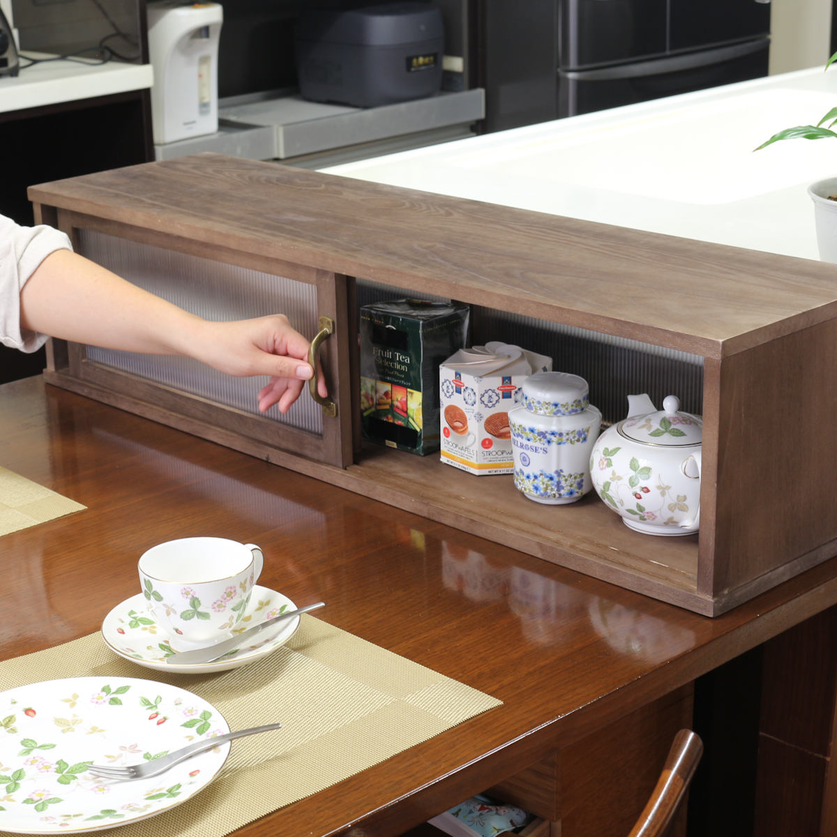 カウンター上収納 アンティーク風 カウンター上収納庫 幅90cm キッチン （ カウンターラック カップボード スパイスラック 卓上ラック ショーケース 引き戸 ）_12
