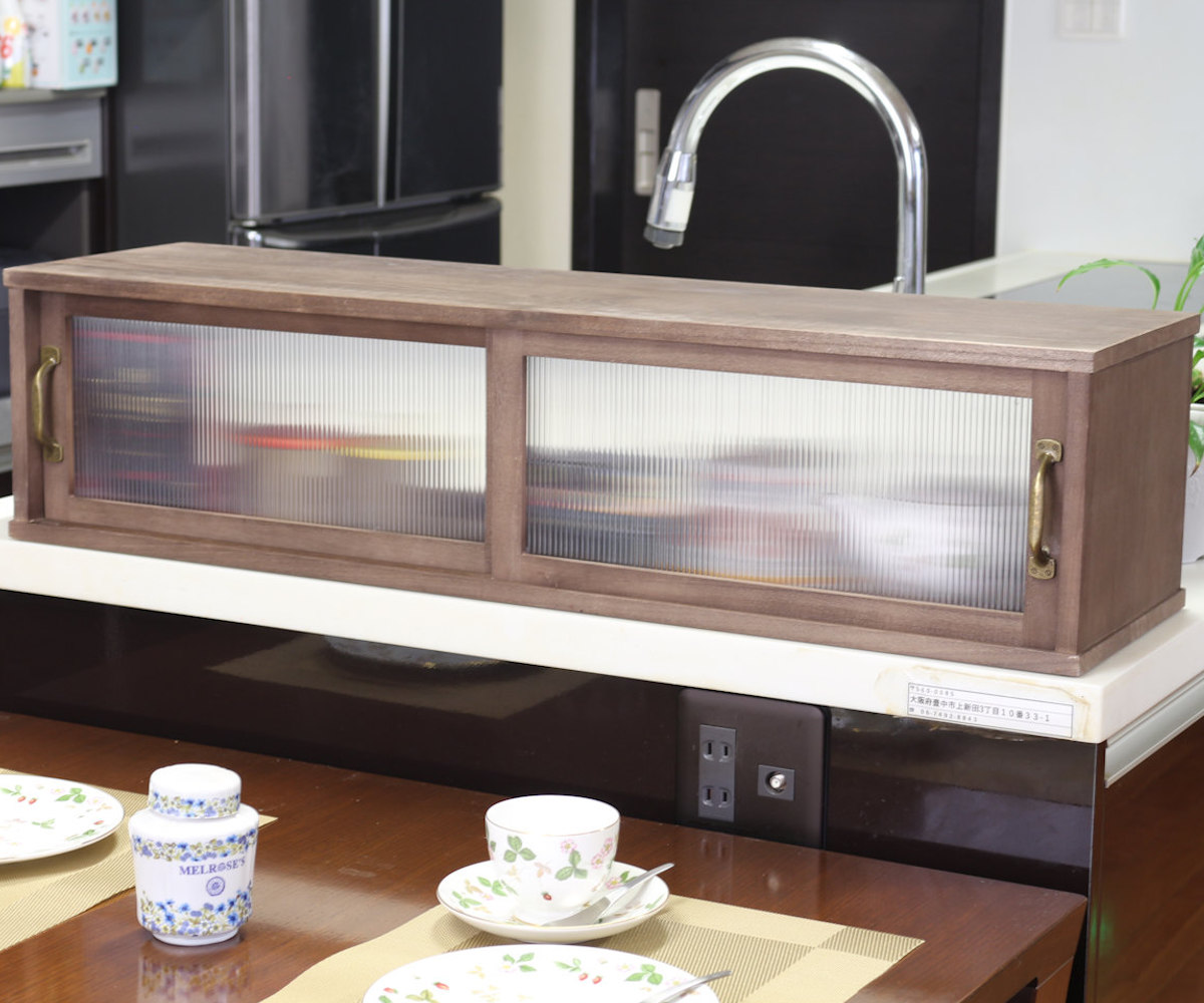 カウンター上収納 アンティーク風 カウンター上収納庫 幅90cm キッチン （ カウンターラック カップボード スパイスラック 卓上ラック ショーケース 引き戸 ）_17