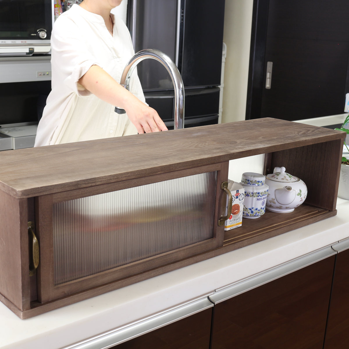 カウンター上収納 アンティーク風 カウンター上収納庫 幅90cm キッチン （ カウンターラック カップボード スパイスラック 卓上ラック ショーケース 引き戸 ）_4