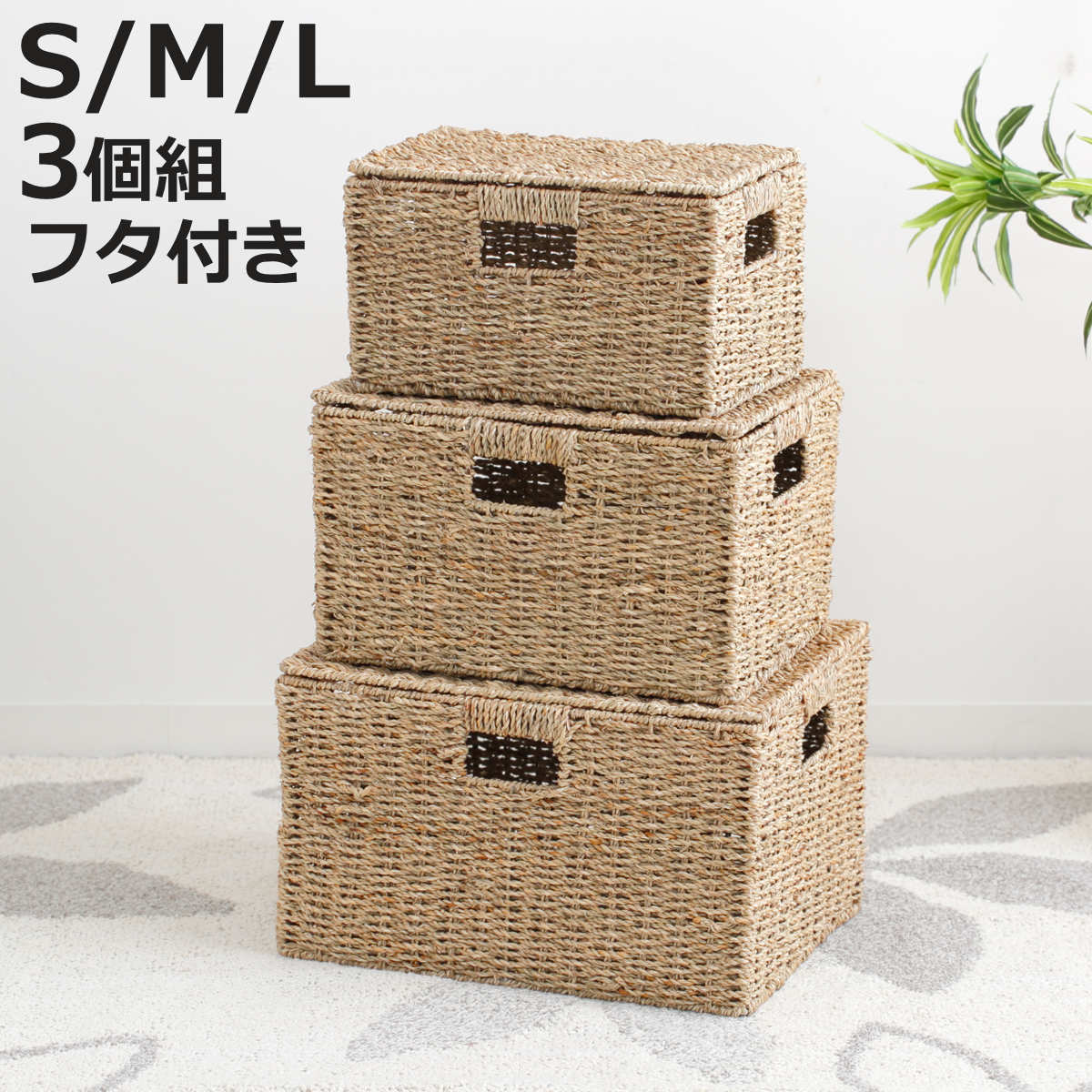 岩附 天然素材 バスケット フタ付き スクエア S M L 3個組 シーグラス 