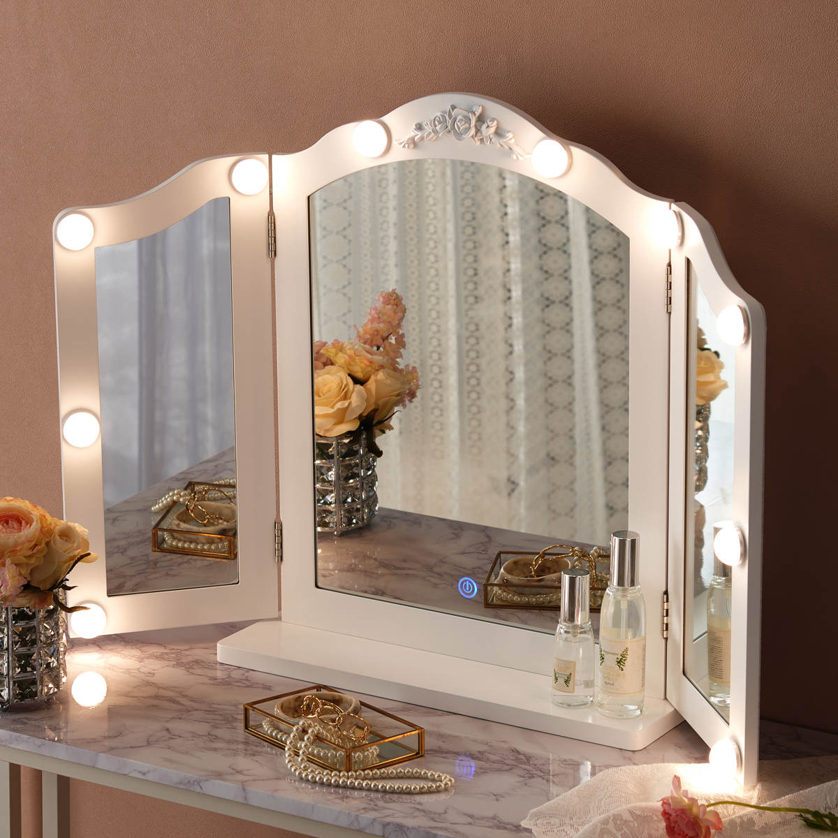 HAGiHARA（萩原） 卓上ミラー ライト付き 三面鏡 おしゃれ 大きめ