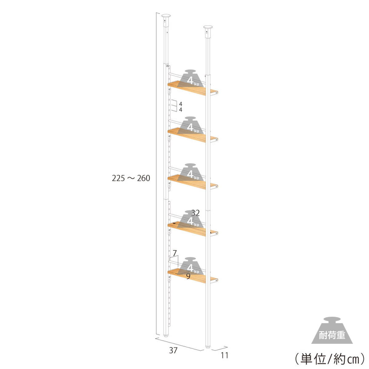 突っ張りラック 幅40cm オープンラック 5段 ウォールラック スリム 壁面収納 （ ラック 壁面 収納 奥行12.5cm 突っ張りオープンラック 小物収納 すき間 ）_5