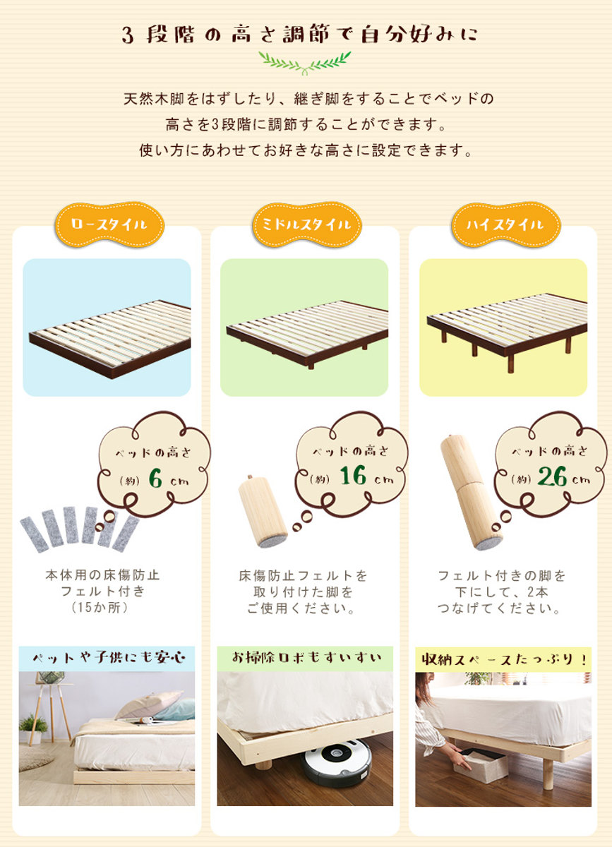 すのこベッド ダブル 高さ3段階調節 パイン材 F★★★★ （ ベッド 3段階 高さ調節 天然木 木製 ）