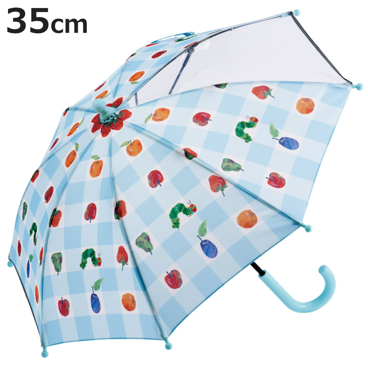 傘 子供傘 35cm はらぺこあおむし （ かさ 透明窓付き 軽量 丈夫 折れにくい 手開き 安全カバー 子供用 幼児 雨傘 雨具 カサ 2歳 3歳 ）