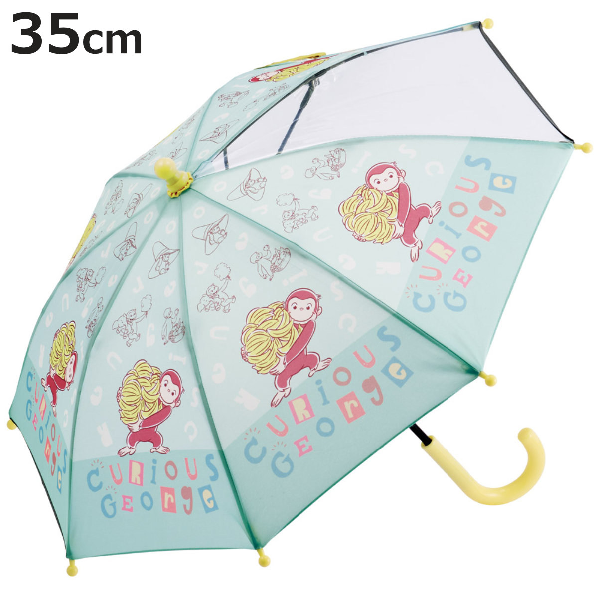 傘 子供傘 35cm おさるのジョージ アルファベット （ かさ 透明窓付き 軽量 丈夫 折れにくい 手開き 安全カバー 子供用 幼児 雨傘 雨具 カサ 2歳 3歳 ）