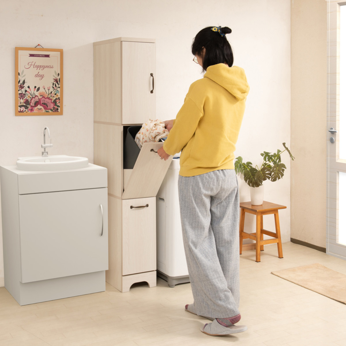 ランドリーチェスト 幅25cm スリム 分別収納 フラップ扉2段 収納