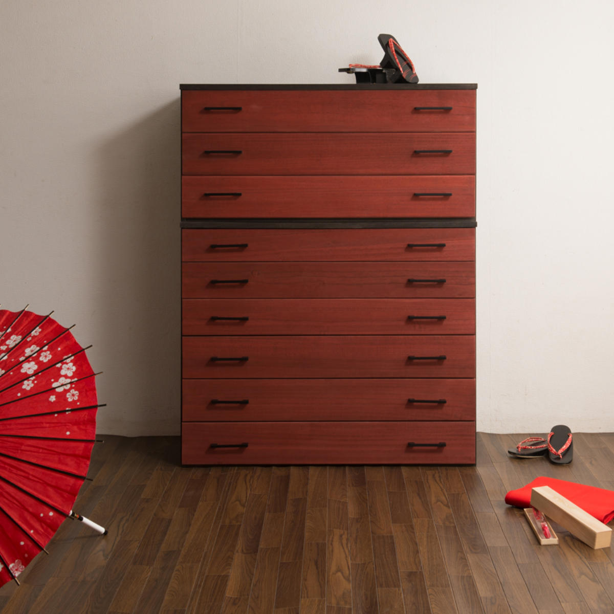 桐タンス 6段 桐チェスト 和モダン 朱塗り前板 日本製 朱雀 幅98cm
