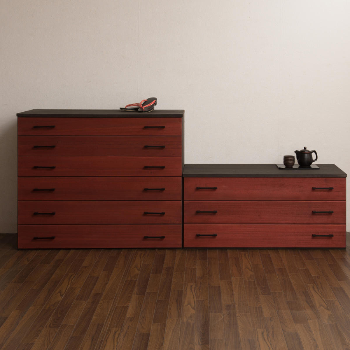 桐タンス 6段 桐チェスト 和モダン 朱塗り前板 日本製 朱雀 幅98cm