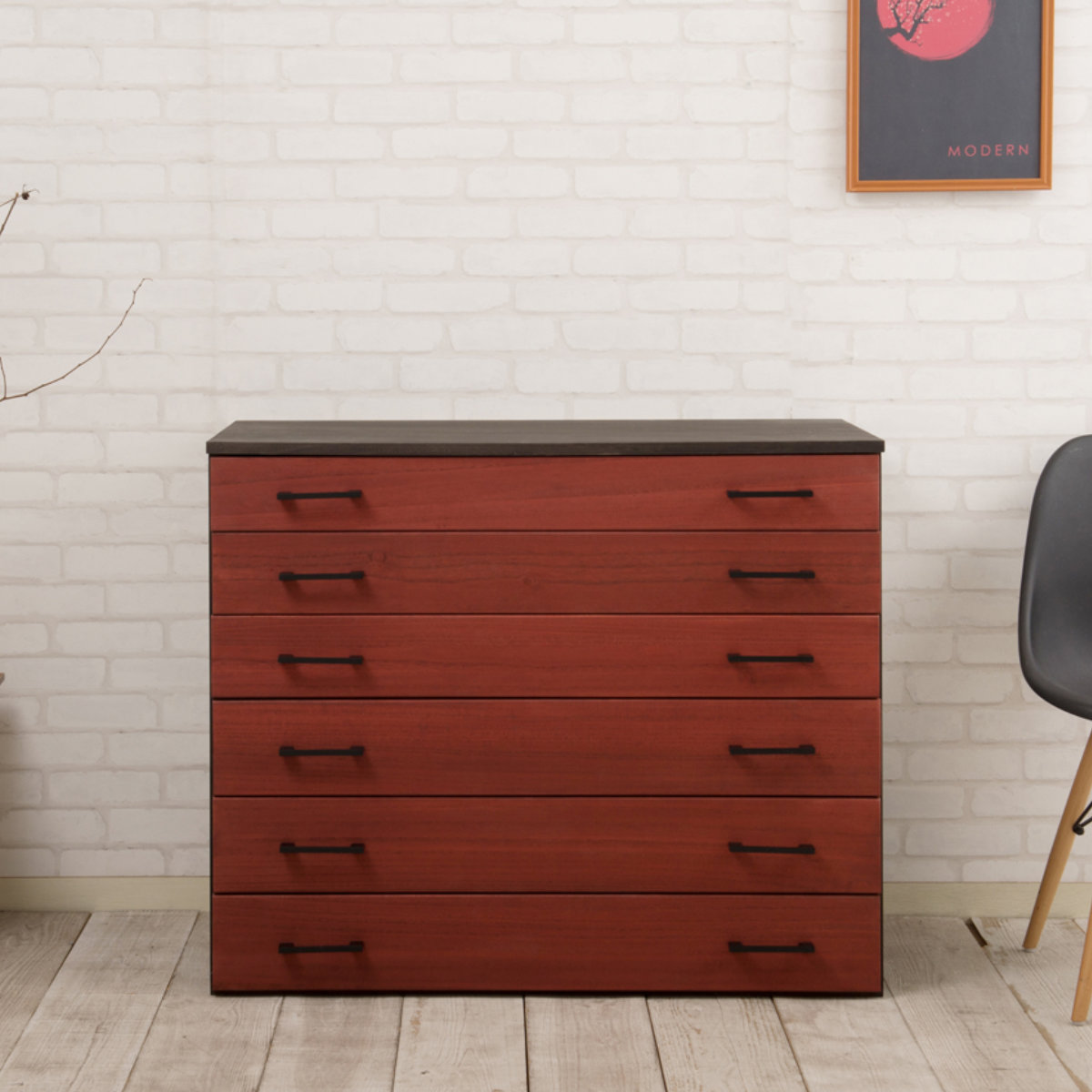 桐タンス 6段 桐チェスト 和モダン 朱塗り前板 日本製 朱雀 幅98cm