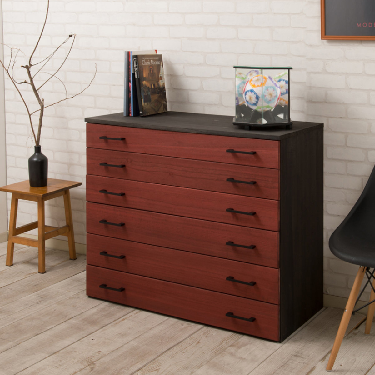 桐タンス 6段 桐チェスト 和モダン 朱塗り前板 日本製 朱雀 幅98cm