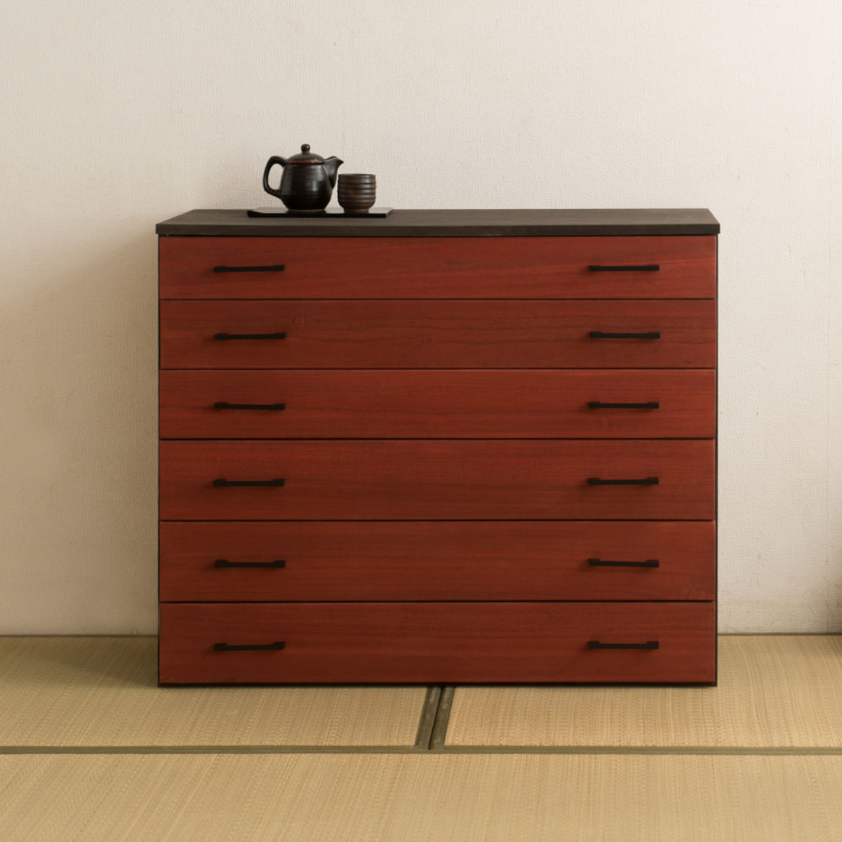 桐タンス 6段 桐チェスト 和モダン 朱塗り前板 日本製 朱雀 幅98cm