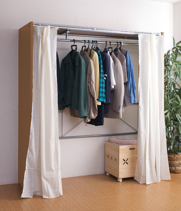 伸縮クローゼット 最大幅205cm ハンガーラック カーテン付き 日本製