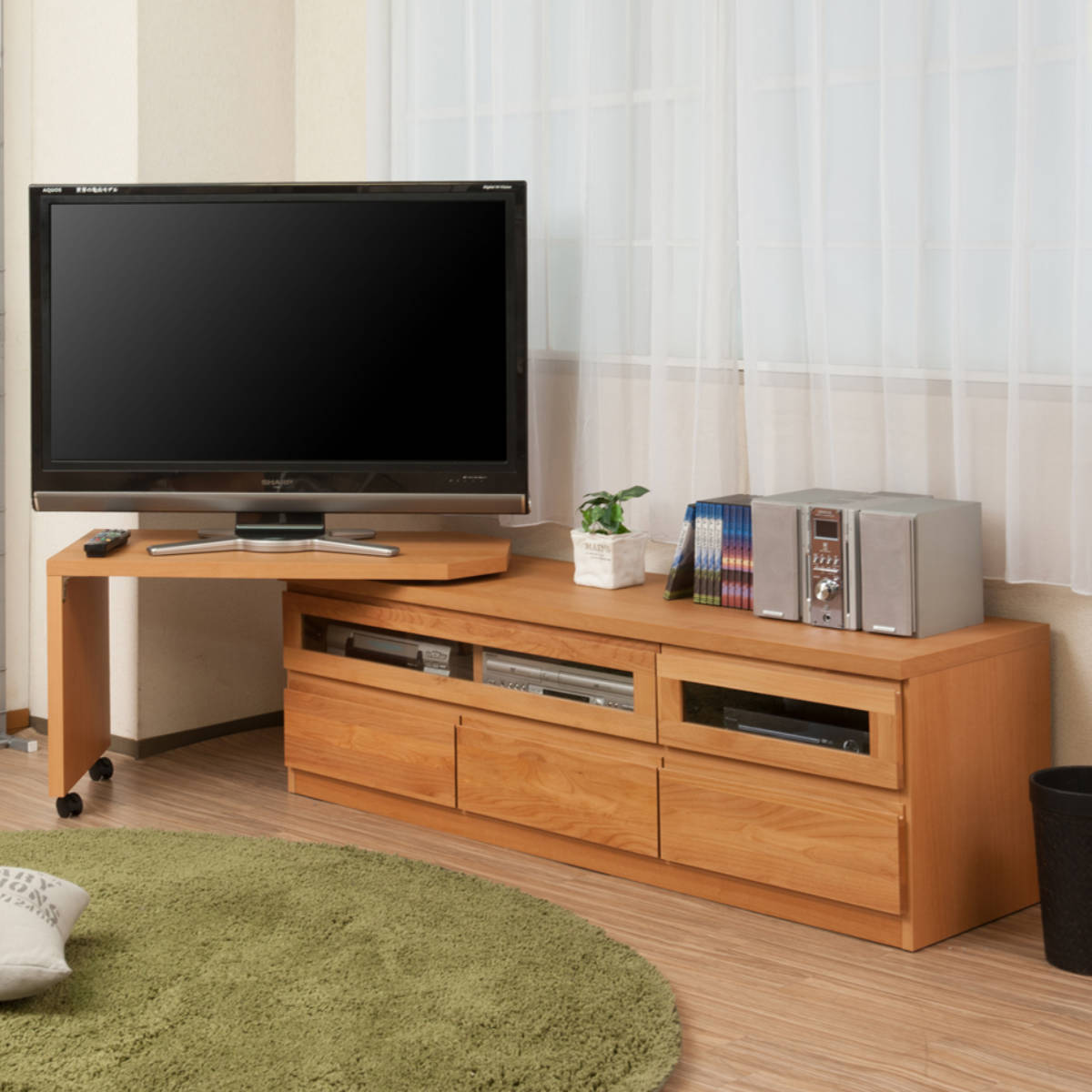 サイドボード テレビ台 伸縮 テレビ台 回転盤付 アルダー前板 幅156〜215cm ナチュラル