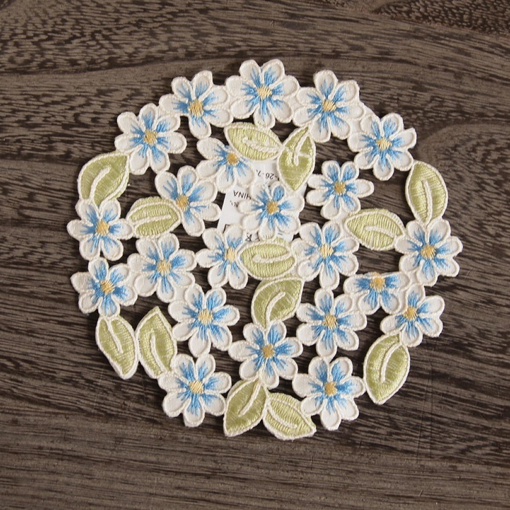 高級コード刺繍　コースター 花瓶敷き　マイガーデン　ブルー　12cm｜comfy-shop