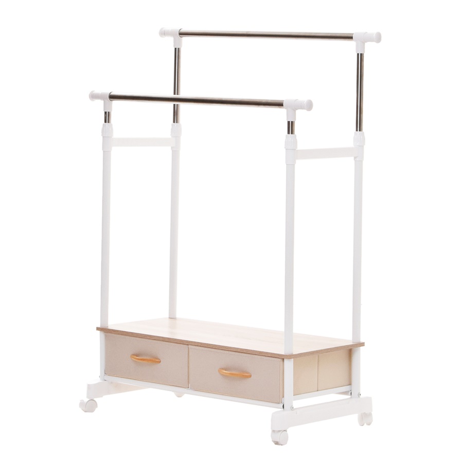 ハンガーラック 棚付き 引き出し付き 2段 左右上下伸縮ハンガー 引出し2個付き 伸縮 長さ調整 長さ調節 ハンガーパイプ2本 ワードローブ 木製 引き出し付き | ブランド登録なし | 01