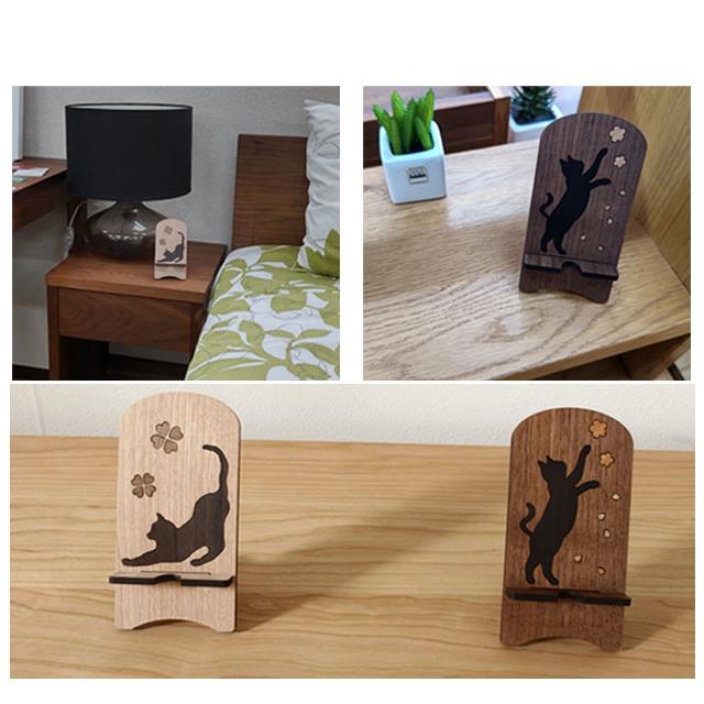 スマホスタンド 木製 卓上 ネコ 黒檀 ねこ 天然木 スマホ置き レーザー