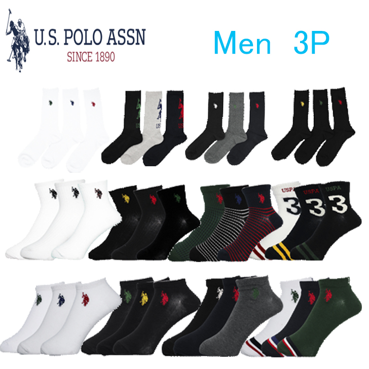 U.S.POLO ASSN　3P　メンズ　ソックス　ポロ　靴下　12カラー　25-27 送料無料｜complete-shop