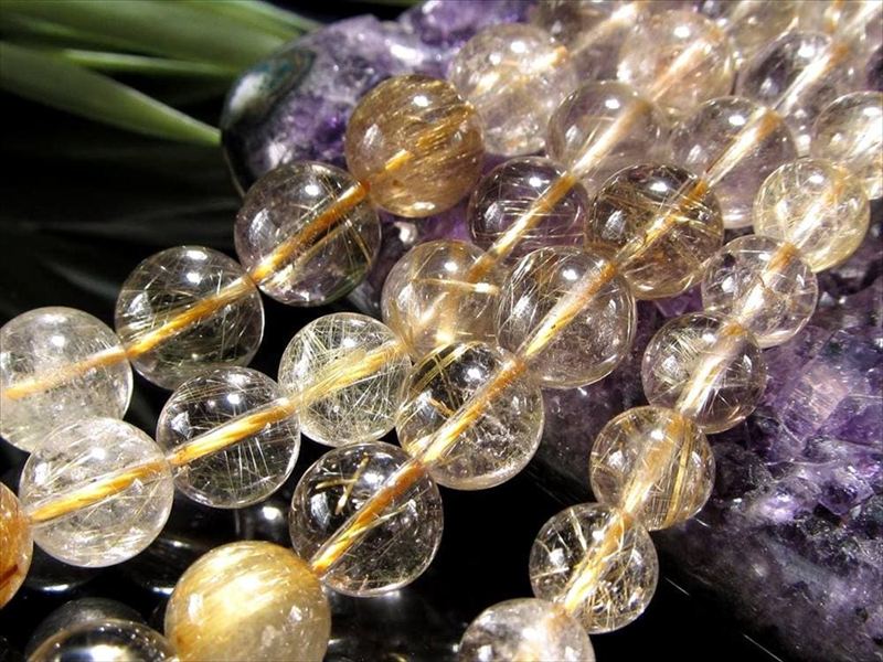 超透明 約10mm珠 ゴールドルチルクォーツ 一連 約39-41cm きらきら繊細