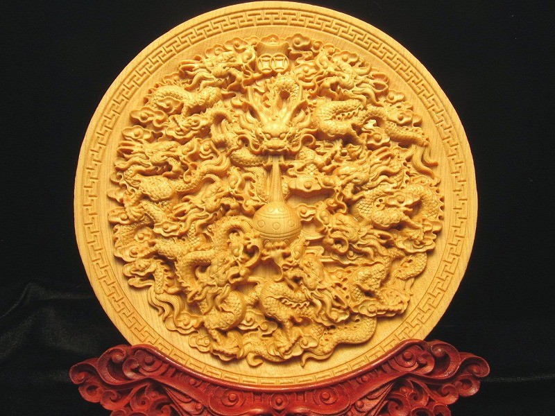 竜生九子 龍彫り 台付き お皿型置物 直径約142mm 5A極上彫り 木彫り