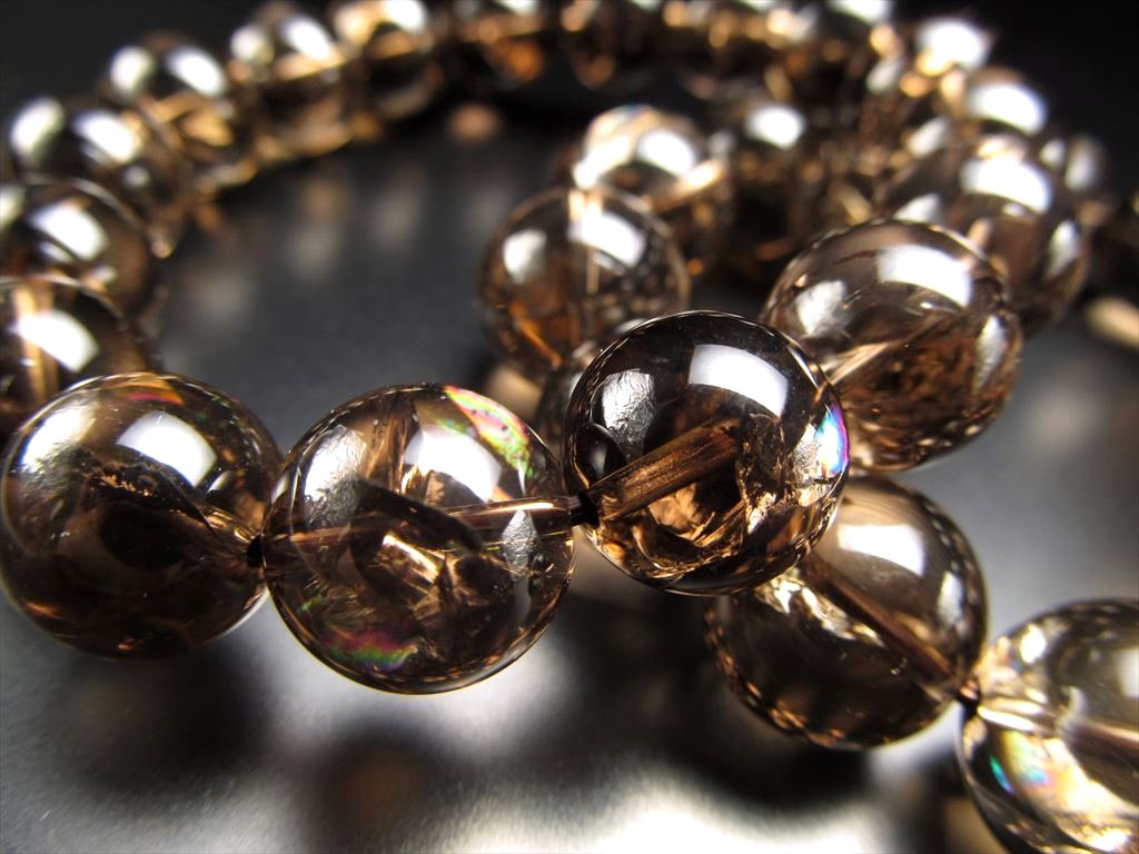 超透明 虹入り スモーキークォーツ ブレスレット 8mm-9mm×23珠前後