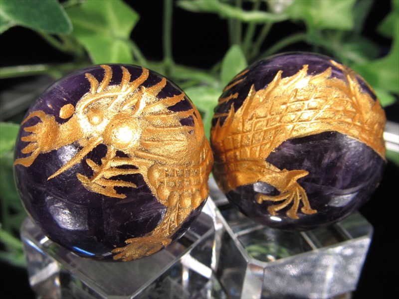 金塗り 五本爪龍彫り アメジスト 丸玉 直径約29mm 1個売り 運気上昇