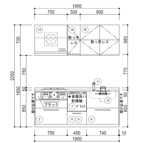 TOTO システムキッチン ミッテ 間口195cm W1950mm I型 奥行65cm 基本