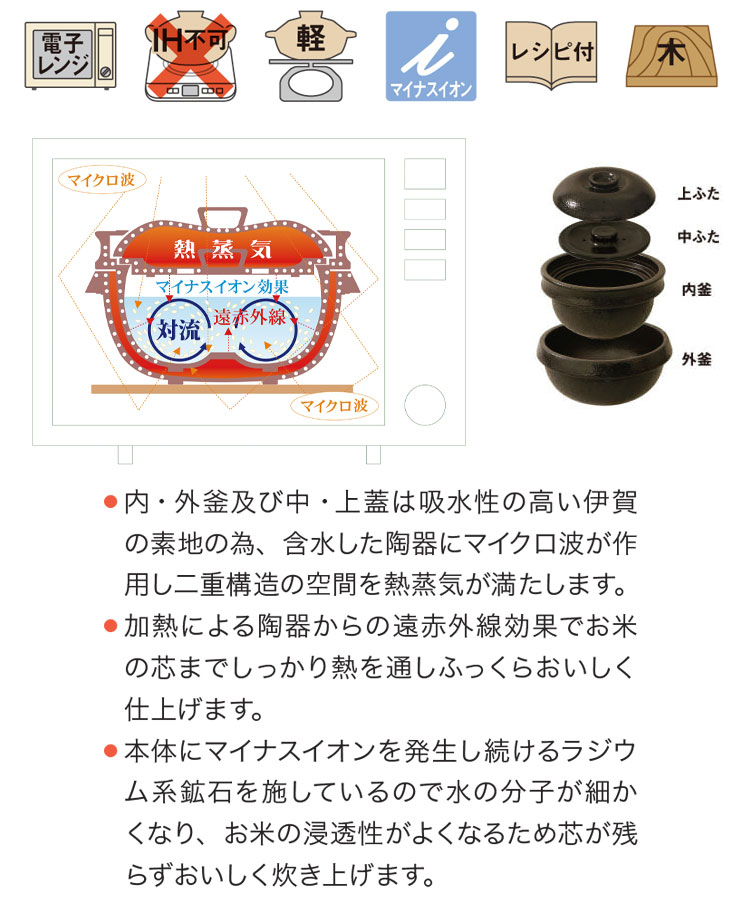 遠赤外線や吸水性など伊賀の粗土の特性をいかした調理器具