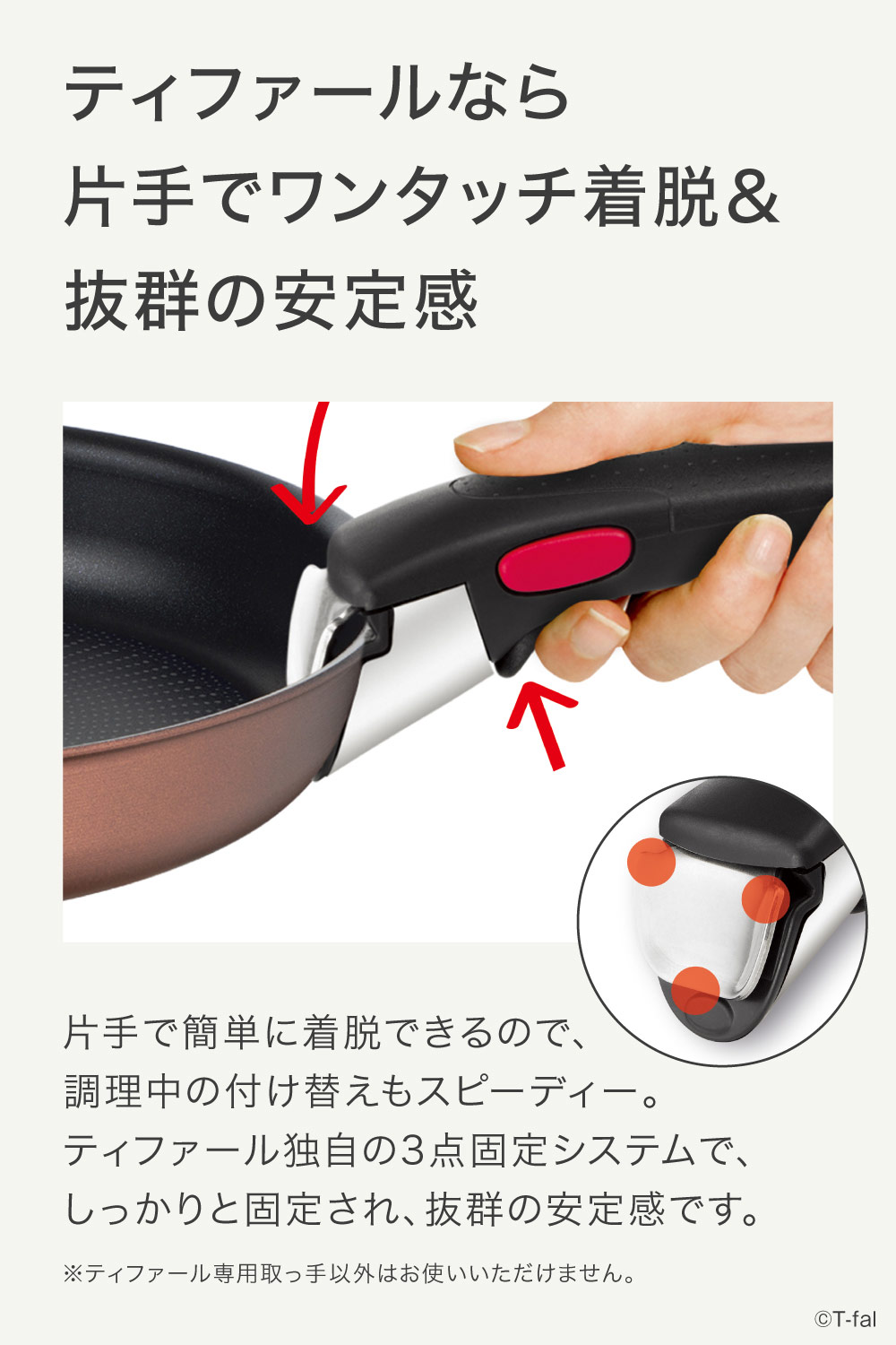 ティファールが特許を持つ3点固定システムでしっかりと取っ手を固定