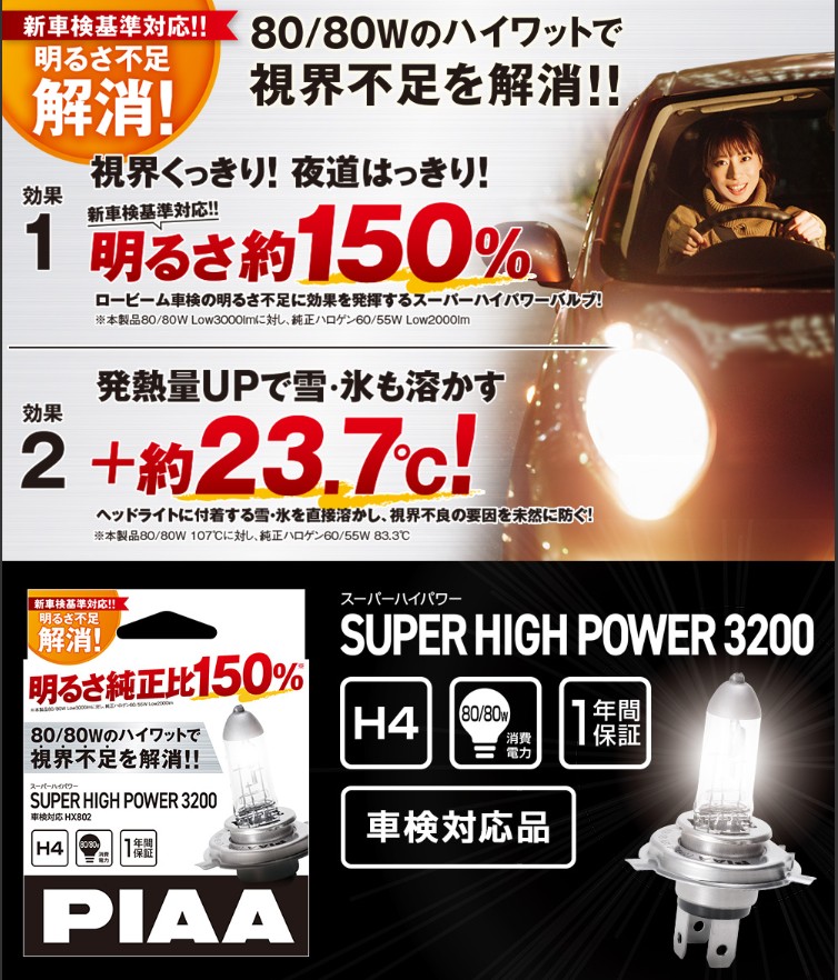 PIAA 新車検基準対応 H4 ハロゲンバルブ 2個入り スーパーハイパワー