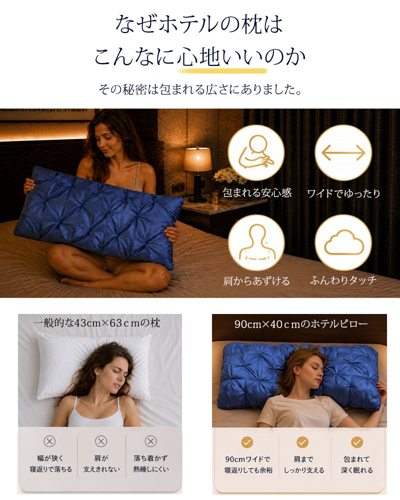 枕 ホテルピロー 大判 90cm ワイド枕 ふわふわ 柔らかい まくら ピロー