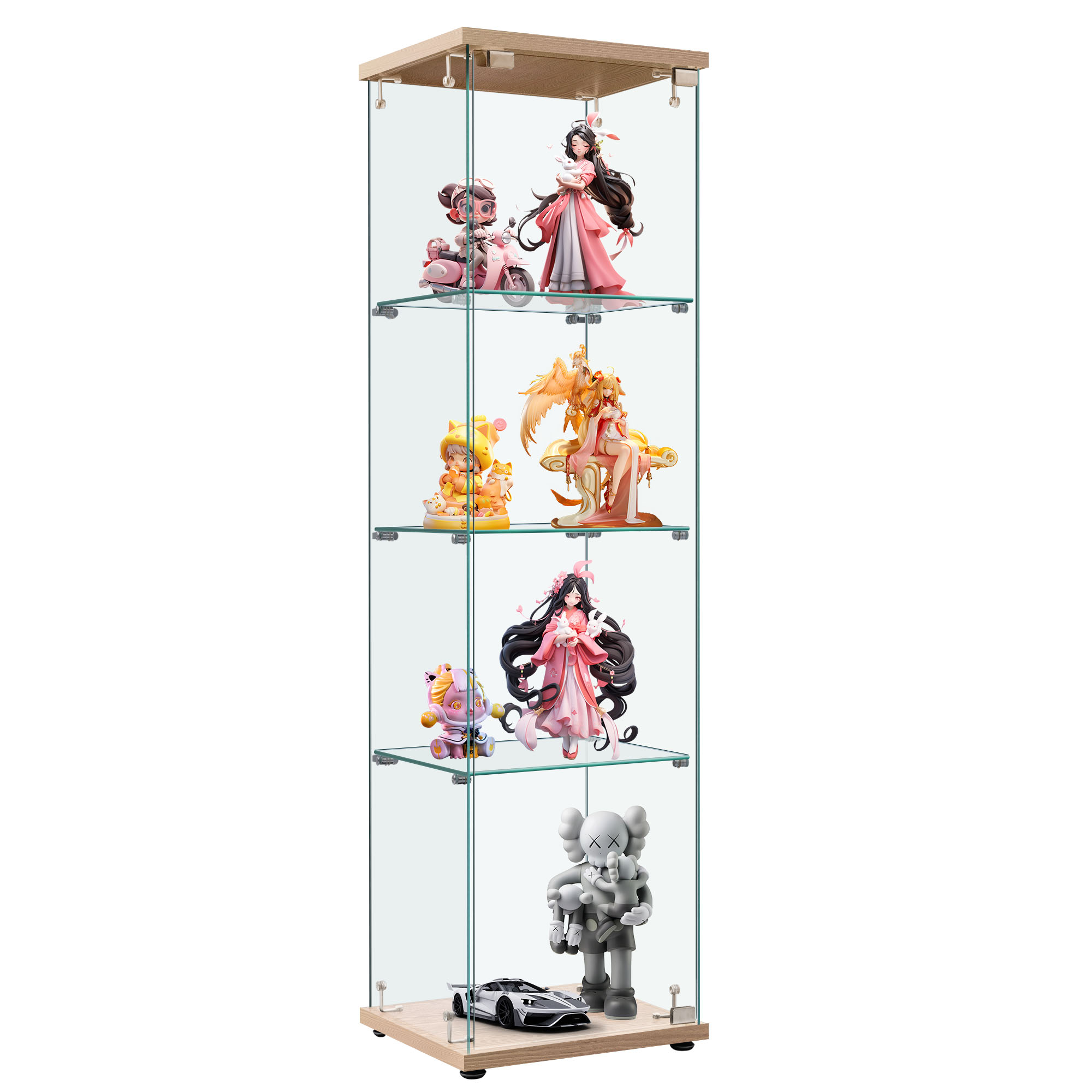 コレクションケース ガラスディスプレイキャビネット フィギュアケース 4段 ホワイト 5MM強化ガラス 全面ガラス 幅42.5×奥行36.5×高さ162cmの画像