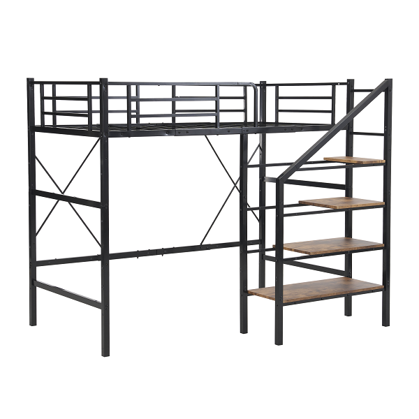 ロフトベッド 階段付き S パイプベッド シングル 収納 シェルフ付き