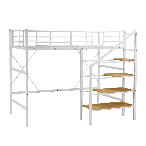 ロフトベッド 階段付き S パイプベッド シングル 収納 シェルフ付き