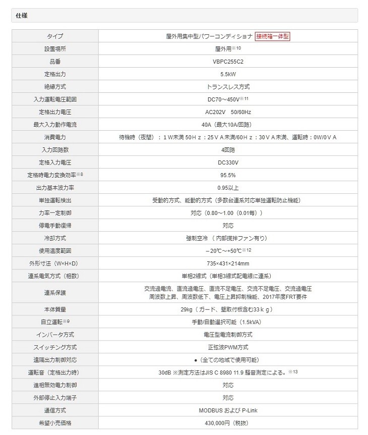 パナソニック Vbpc255c2 屋外用 集中型パワーコンディショナ 爆買い送料無料 接続箱一体型