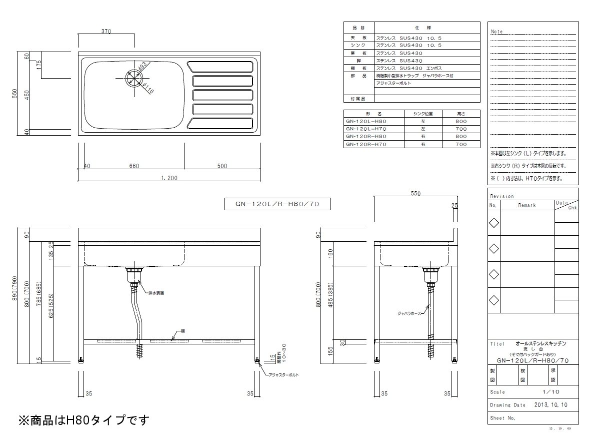 オールステンレスキッチン GN-120L/R 流し台 そで付バックガードあり