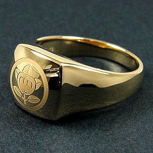 18金ゴールド印台シグネットメンズリング 家紋機械彫刻K18指輪刻印入り