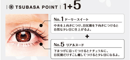 No.1ドーリースイート中央を上向きにつけ、目尻側を下向きにつけると自然なタレ目に仕上がるよ。＋No.5リアルヌード下まつげに沿ってつけるとナチュラルに、目尻が和だけすこし離してつけるとタレ目になるよ。