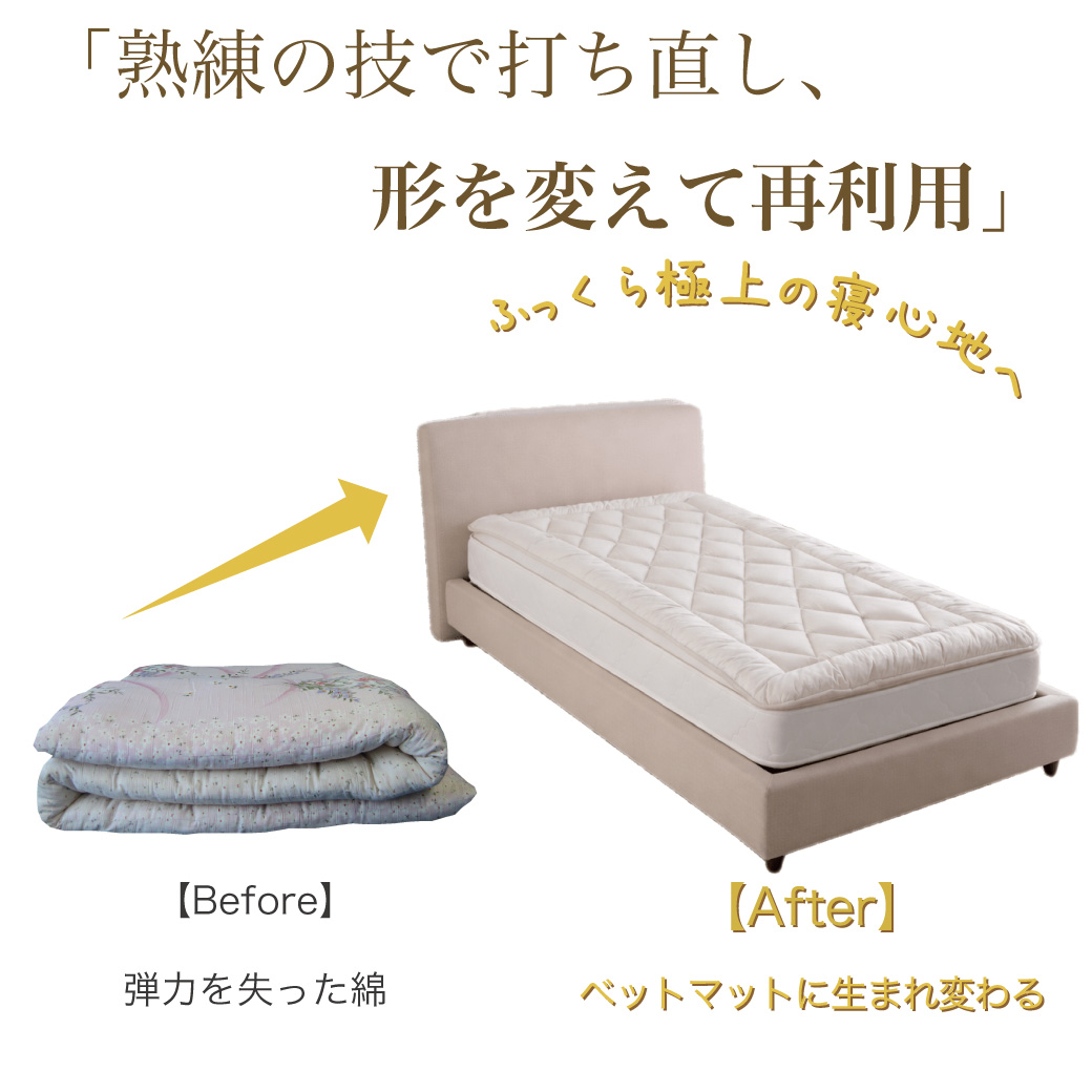 熟睡を支える圧倒的な復元力。打ち直しによって芯から解きほぐされ、新品のように蘇った綿布団のビフォーアフター画像。