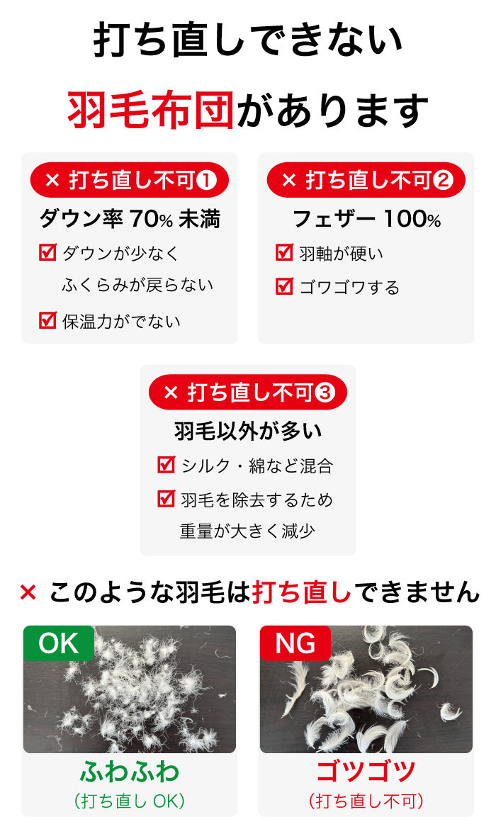 リフォーム不可な布団の例（ダウン比率が低いもの等）