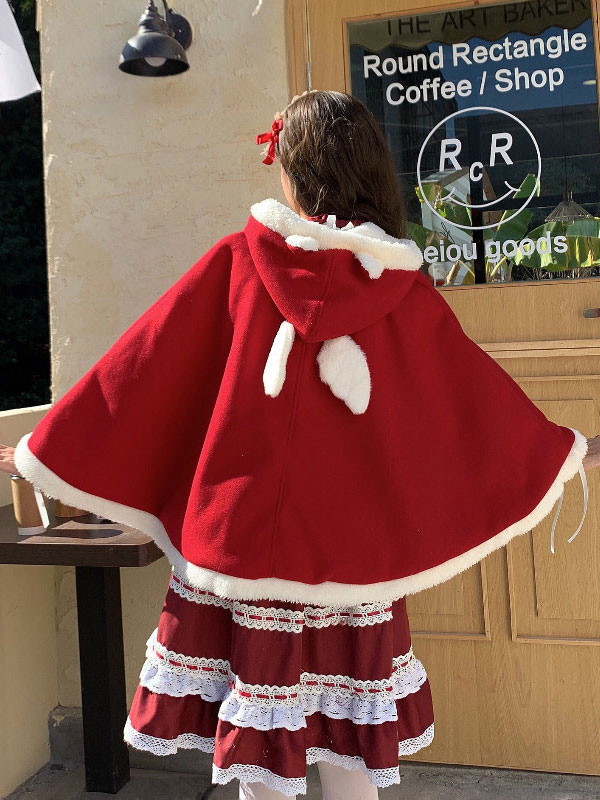 甘いロリータコート赤いポリエステルマントポンチョ秋ロリータ服かわいい猫の耳 予約中