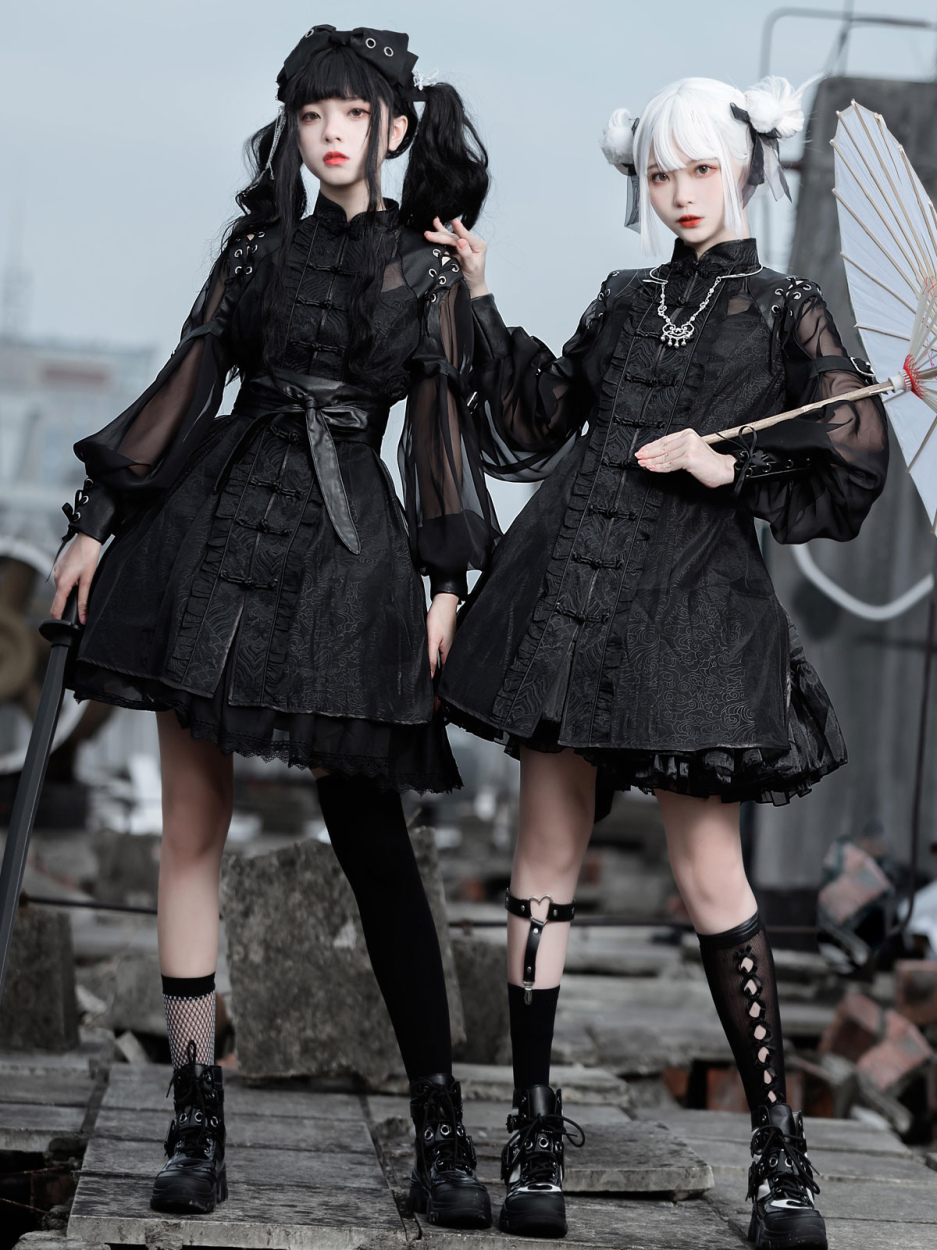 中国風ロリータオプドレスブラックロングスリーブフリルポリエステル