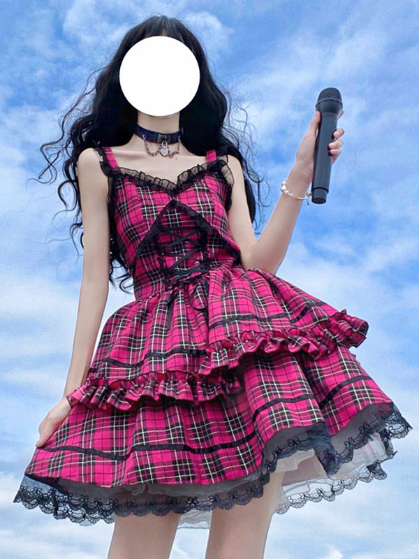 アイドル服ロリータJSKドレスバルクチェック柄プリント柄フリルリボンスウィートロリータジャンパースカート 14080951572T_1.jpg