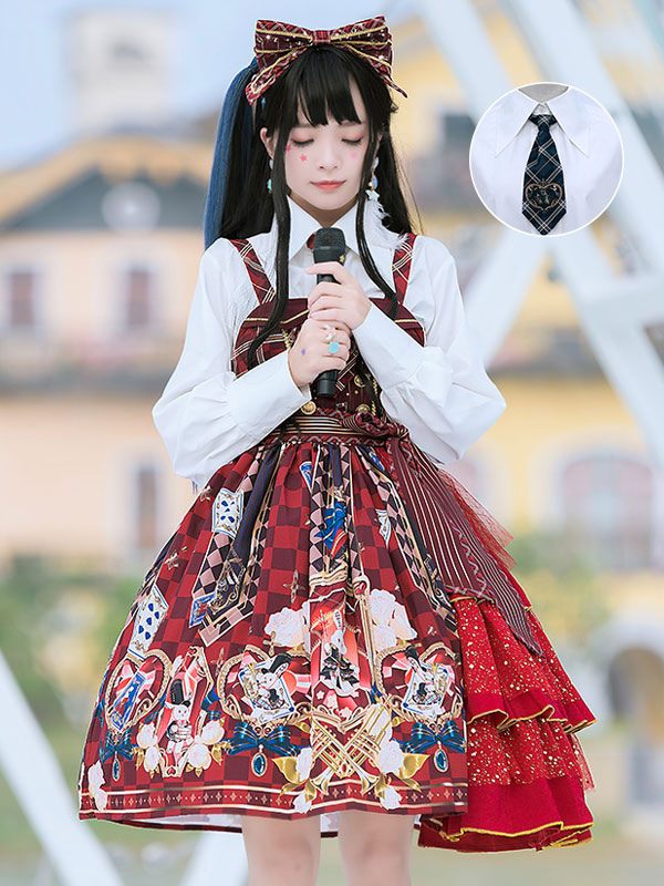 甘いロリータJSKドレス 赤黒 ポリエステル ネクタイ アイドル服